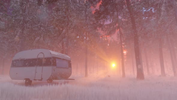 Caravan In Winter Forest