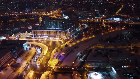Night Kharkiv city streets, Skver Strilka aerial