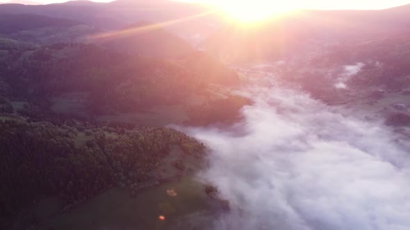 Sunrise  Misty a Cloud Inversion in a Rural Valley in Mountain Rural Landscape