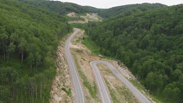 Aerial  Drone Video of Top Vew of Winding Road in the Mountains