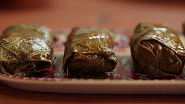 Dolma Closeup Meat in Grapes Leaves Middle Eastern National Traditional Food alt