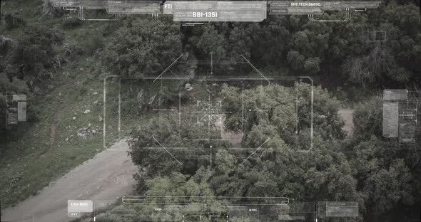 Surveillance drone camera view of terrorist squad walking with weapons alt