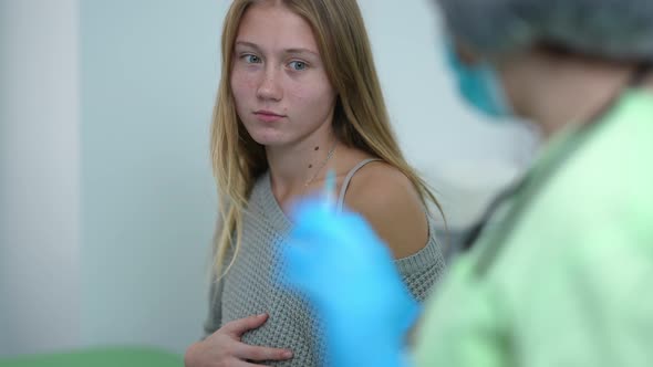Frightened Pregnant Young Woman Shaking Head Gesturing No Looking at Doctor with Coronavirus Vaccine alt