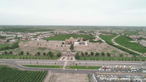 Panorama of Bahouddin Naqshband Memorial Complex Near Bukhara Filmed By Drone Cam on a Cloudy Day alt