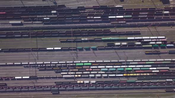 Aerial View of Railway Sorting Station and A Lot of Wagons at a Railway alt
