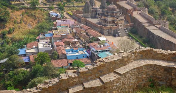 Kumbhalgarh Fort and Indian City Kumbhalgarh Aerial View. Ramparts - Fortress Ancient Walls on alt