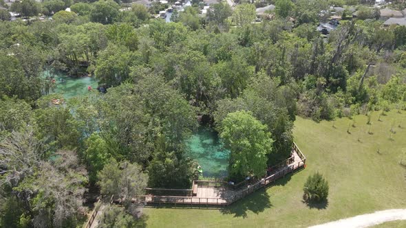 Three sisters spring near Crystal River, Florida. Kayakers and swimmers, aerial view alt