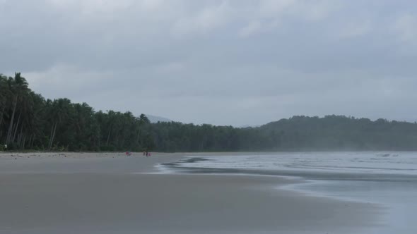 Slow motion shot of wide and long sandy beach with palm trees and cloudy sky in Asia alt