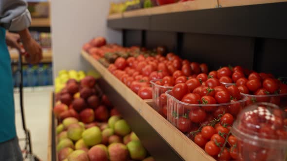 Shelf with Fresh Glossy Tomatoes in Farm Store alt