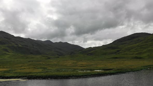 Aerial view of Summer Bay, Unalaska island, Alaska, United States. alt