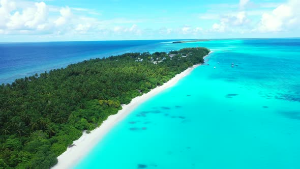 Aerial sky of marine island beach journey by shallow water with white sand background of a dayout ne alt