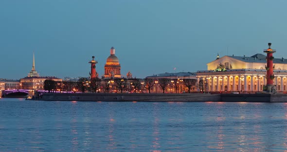 Russia SaintPetersburg in Dusk Landmarks of City in Night Illumination Rostral Columns Palace Bridge alt