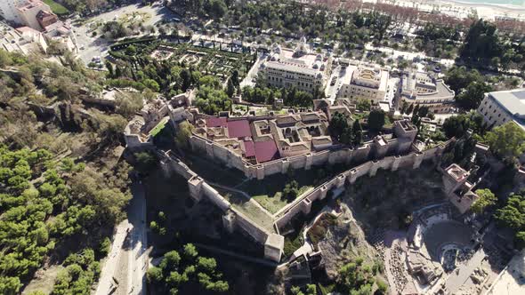 Alcazaba hilltop Moorish medieval palace fortress; aerial panoramic views