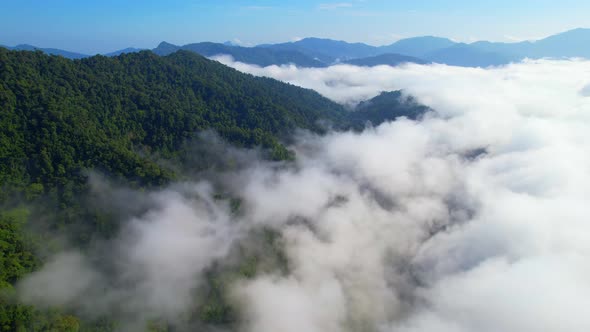 An aerial view from a drone flying over the many fogs in the mountains alt