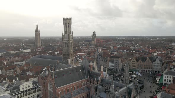 High Aerial Drone Shot of Bruges a City in Belgium on a gloomy day alt
