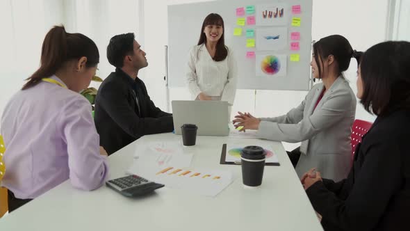 Businesswoman Proficiently Present Work Project Receive Celebrations From Team alt