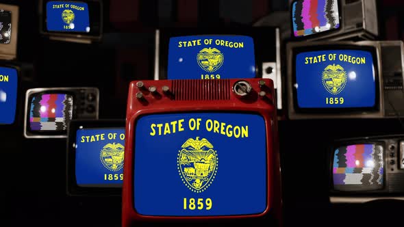 Flag of the State of Oregon on Retro TVs. 4K.