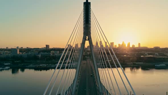 Aerial Geometry Pespective View of Suspension Bridge with Warsaw Cityscape