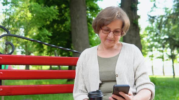 Elderly Woman with a Smartphone in Her Hands Sits on a Bench Surfing the Internet and Researching alt