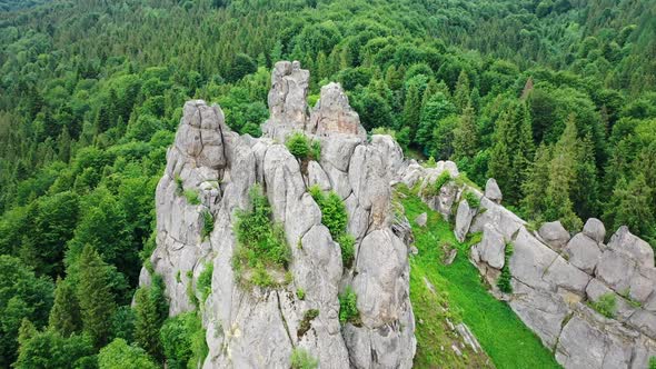 Aerial Drone View of Famous Ukrainian Medieval Cliffside Tustan Fortress Ruins alt
