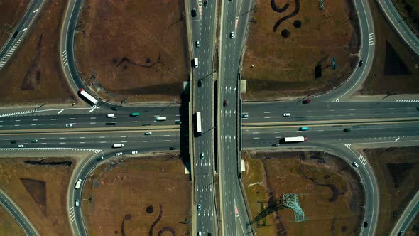 road junction top view. Small road junction moving cars and heavy trucks