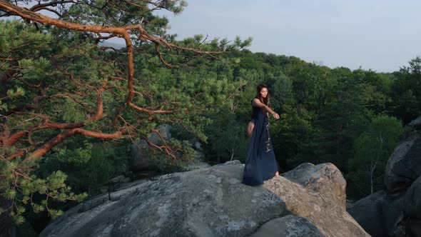 Fashion Woman Portrait in Blue Dress Outdoor alt