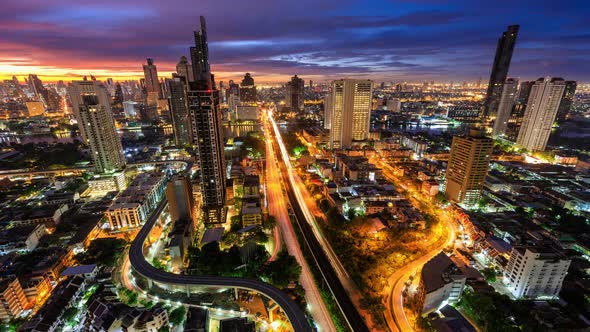 Bangkok business district in morning, night to day - Time Lapse