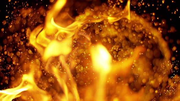 Fire Flames and Sparks in Super Slow Motion Isolated on Black. alt