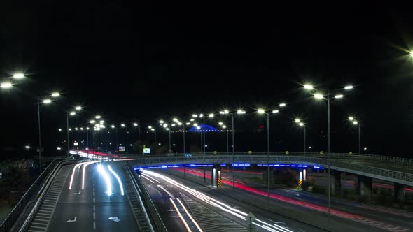 Car Lights On The Road Of A Big Night City, Time Lapse