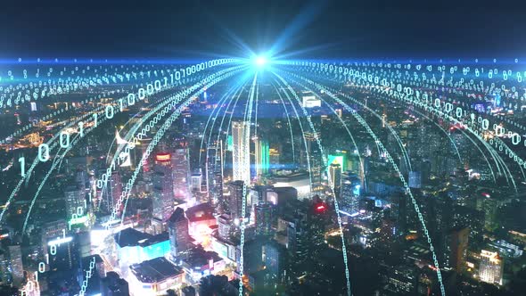 smart Connected city skyline. Futuristic network concept, city Technology. alt
