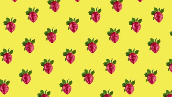 many fresh red strawberries pattern on a yellow background