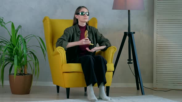 Woman freak peeling banana. alt