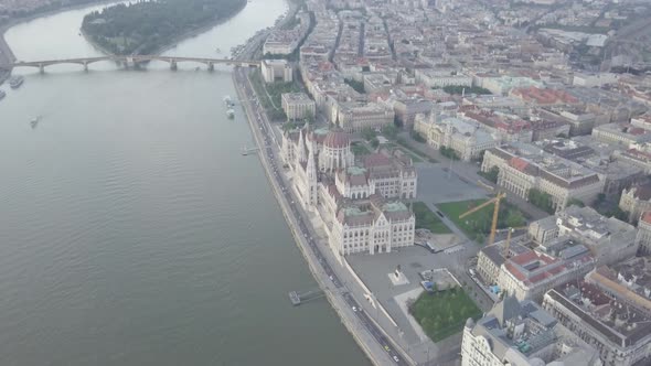 Aerial view of Parliament palace of Budapest on Danube riverside. Hungary