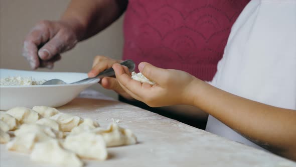 Grandmother with Granddaughter is Making Dumplings with Cheese at Home Kitchen