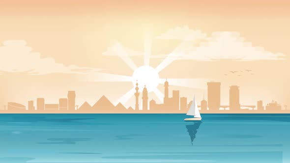 Egypt Cairo Skyline Boat And Nile - Vector illustration Motion Graphic