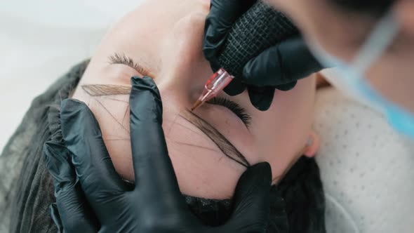 Cosmetologist Making Eyebrow Permanent Makeup alt