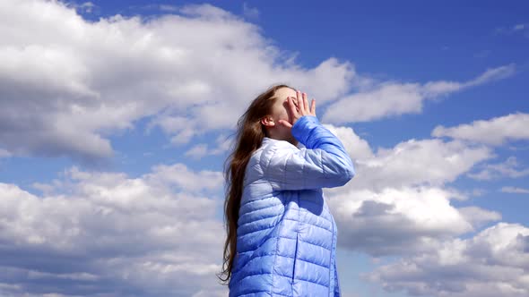 Happy Child in Autumn Jacket Enjoy the Sun with Beautiful Hair on Sky Background Long Hair