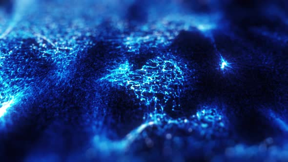 Blue digital particles in flowing motion on black background.