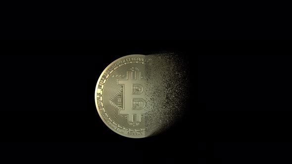 Single Bitcoin Coin Disintegrating Into Atoms