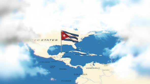 Cuba Map And Flag With Clouds