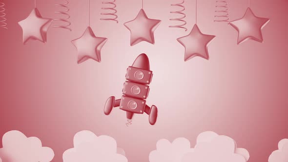3d Cartoon Toy Rocket And Stars Red Kids Background
