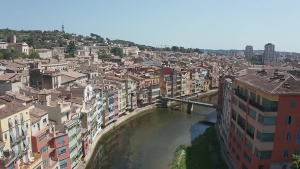 Drone Flight Over Roofs of Colorful Girona Houses alt