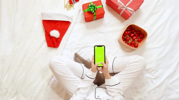 Women Hands with Cell Phone Christmas Time at Home alt
