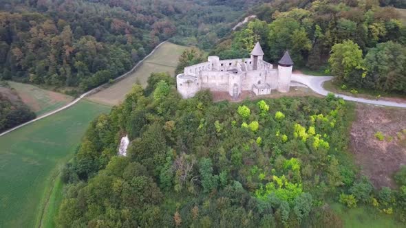 Aerial View of Ruins of Old Medieval Frankopan Fortress Novigrad and Countryside Landscape in alt