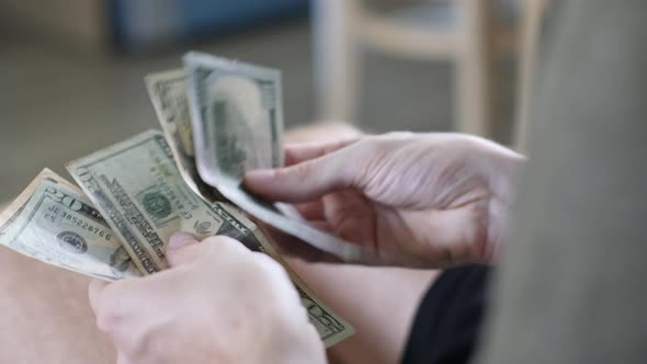 Men's Hands Count Cash Dollars and Other Currencies at Home in a Bright Room alt