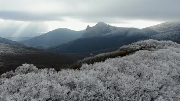 A Majestic Mountain Panorama From the Perspective of Forests Covered with Hoarfrost Under a Cloudy