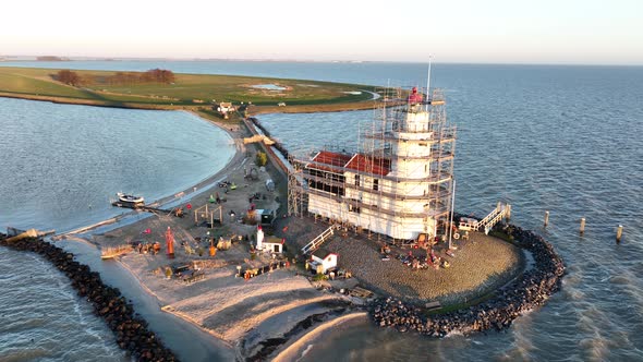 Aerial View of the Paard Van Marken at Sunrise Traditional Historic Monument Lighthouse on the alt