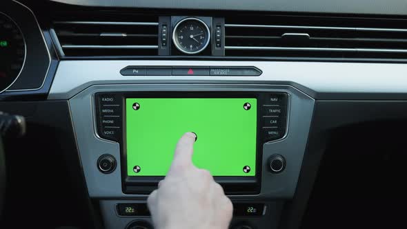 Finger Tapping Greenscreen Mock-up Dashboard Screen in Modern Car