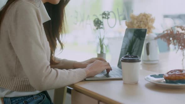 young attractive asian female wear casual cloth hand use smartphone and laptop alt