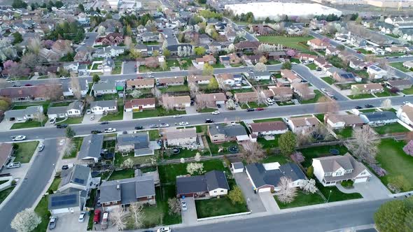Aerial view of houses in neighborhood during quarantine with no traffic alt